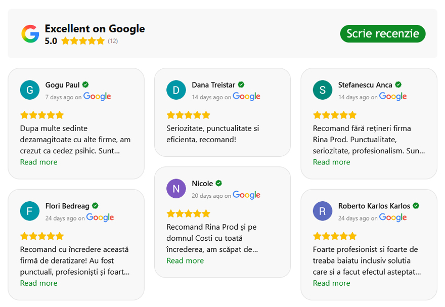 Recenzii clienti pentru dezinsectie plosnite Bucuresti - servicii profesionale Rina Prod